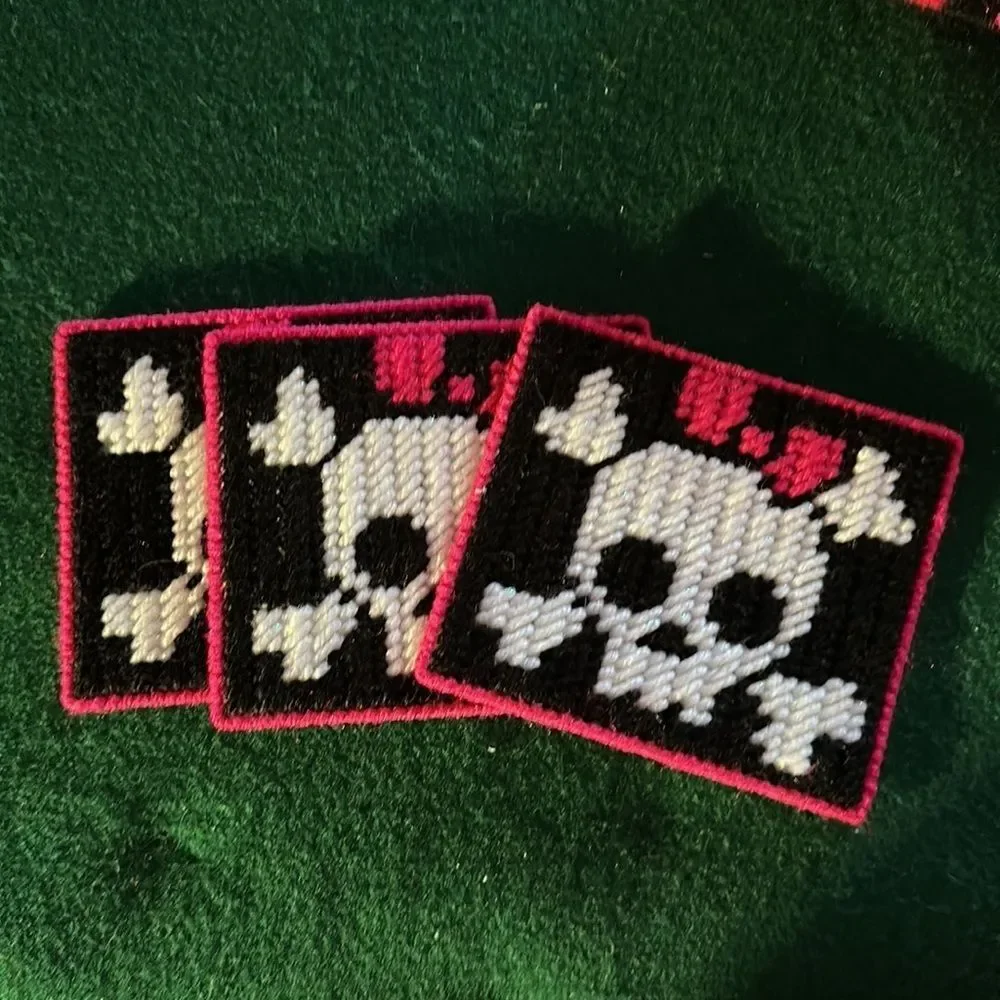 Skull Drink Coaster Set Magenta & Black Set of 6 Gothic Punk Bar Decor